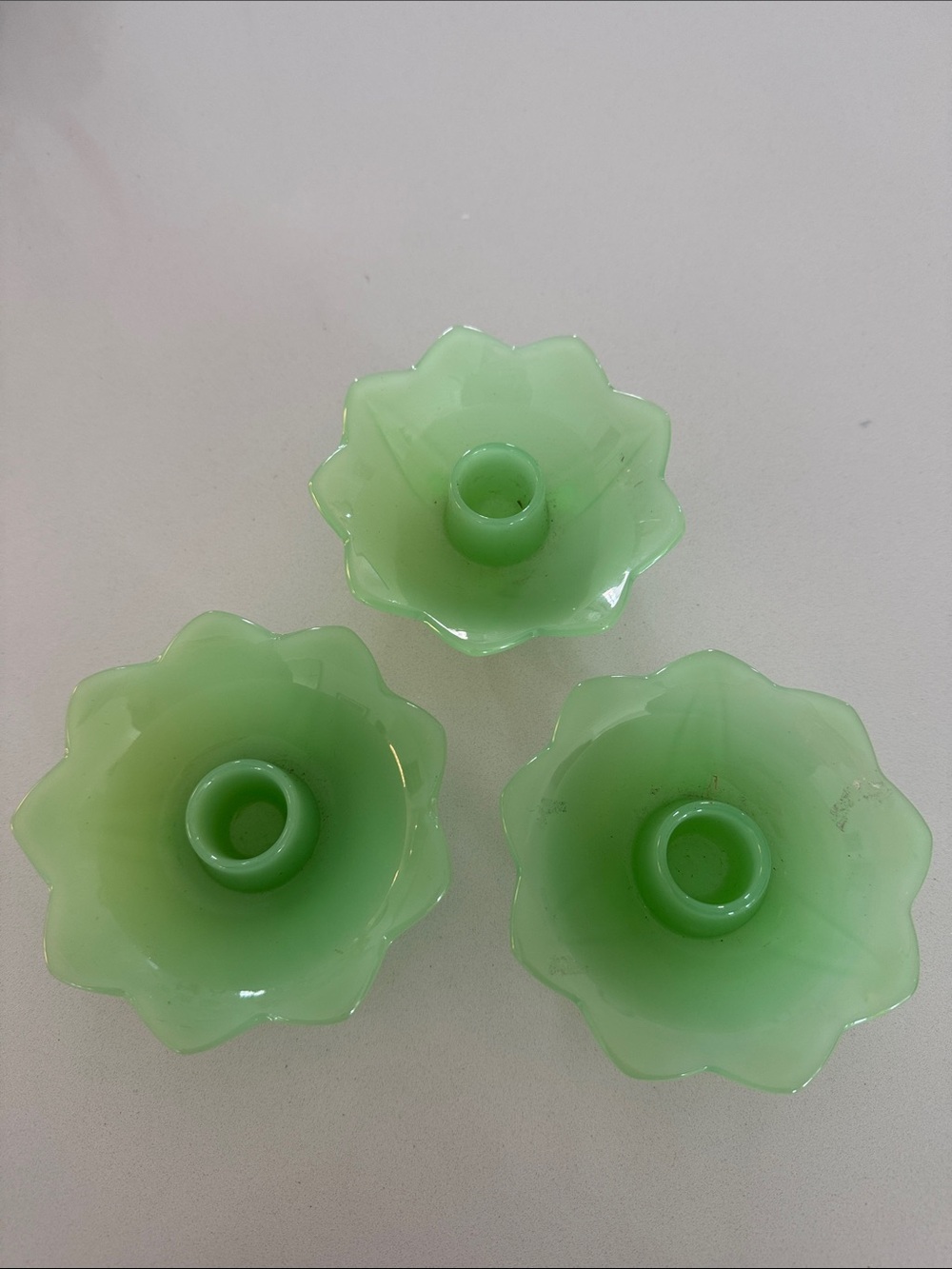 Three Green Flower-Shaped Glass Candle Holders